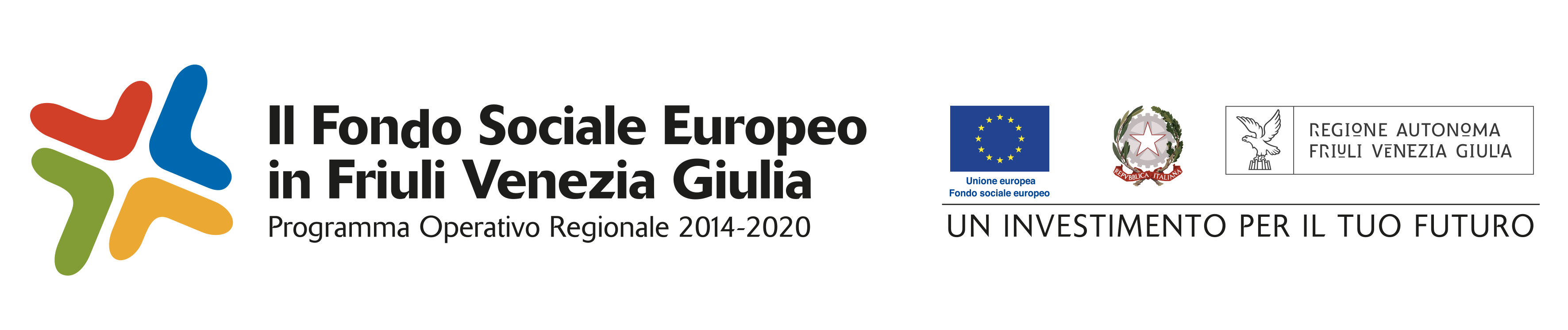 Logos POR FSE Friuli-Venezia Giulia, EU, Italian Republic, Autonomous Region Friuli-Venezia Giulia